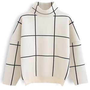 White & Black Grid Turtleneck Sweater, NBWWT